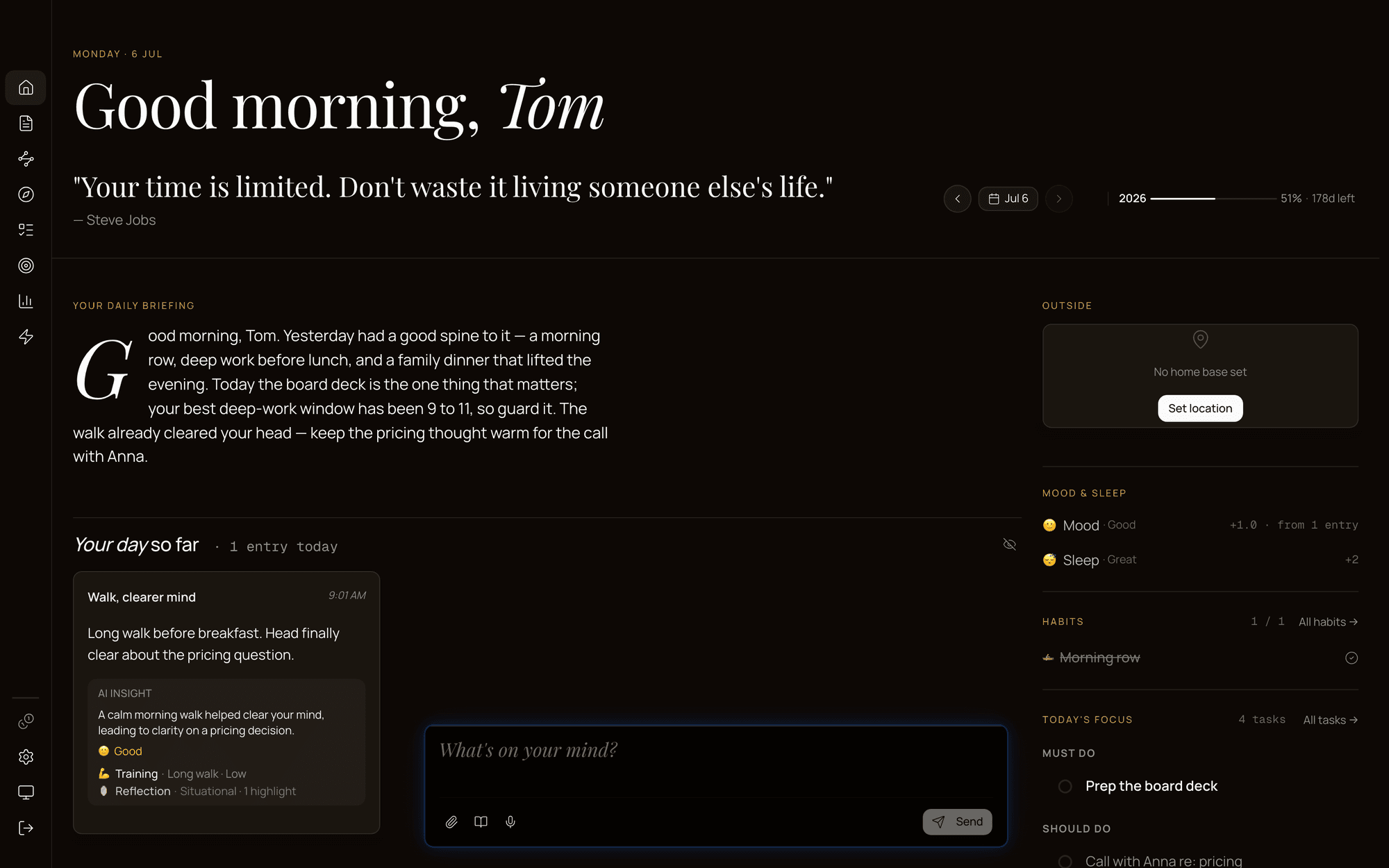 kagame dashboard with the capture composer, daily briefing, and today's entries