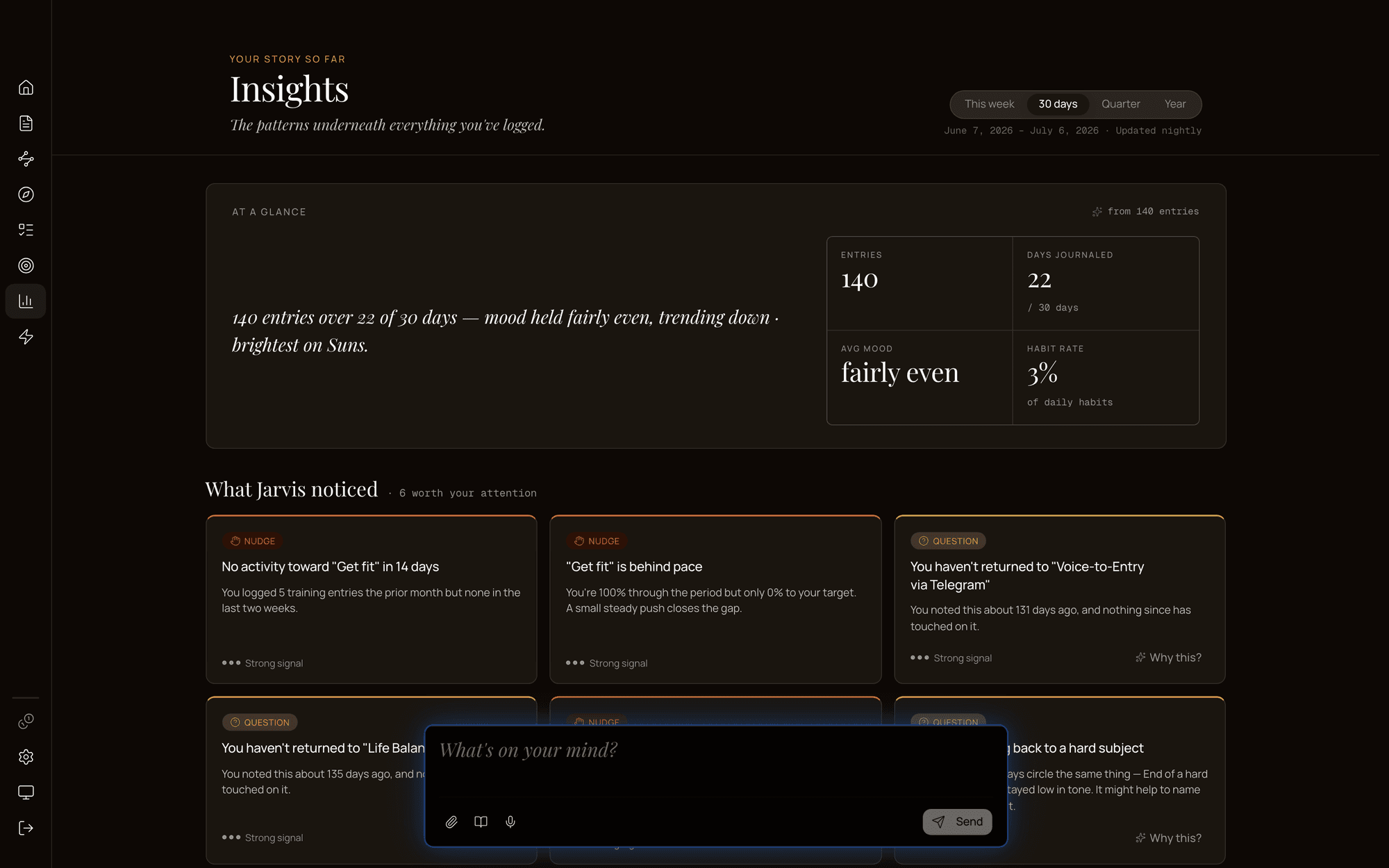 kagame insights page with pattern signals and gentle nudges